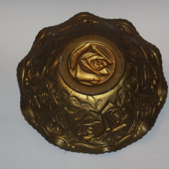 1890-1920 Antique Goofus Glass Bowl Cabbage Rose Red Gold Ruffled Edge Large - Picture 4 of 4